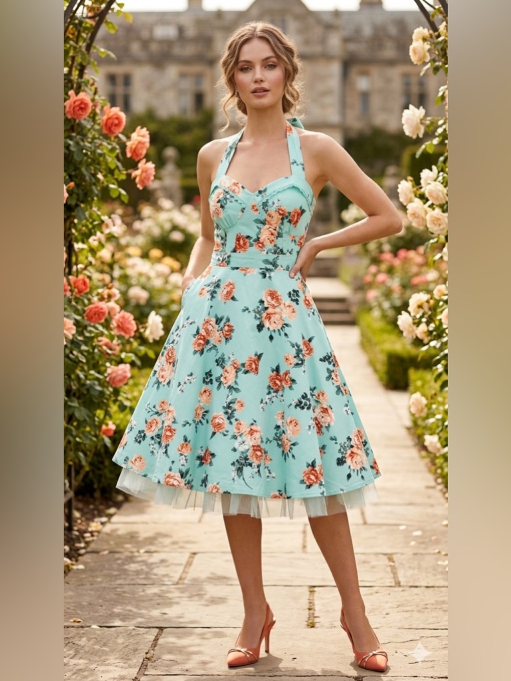 Hot Topic Mint Floral Halter Fit-and-Flare Midi Dress